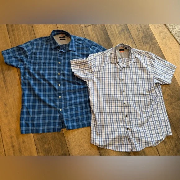 2 Van Heusen Travelers Short Sleeve Shirts Blue Plaid sz Large - Picture 1 of 8